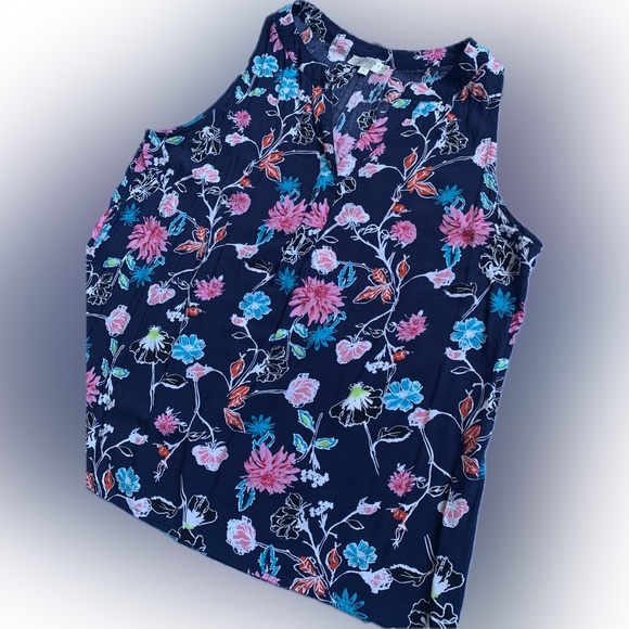 KENAR Navy Floral Print Sleeveless V neck Rayon blue & pink Blouse, Size XL - Picture 6 of 8